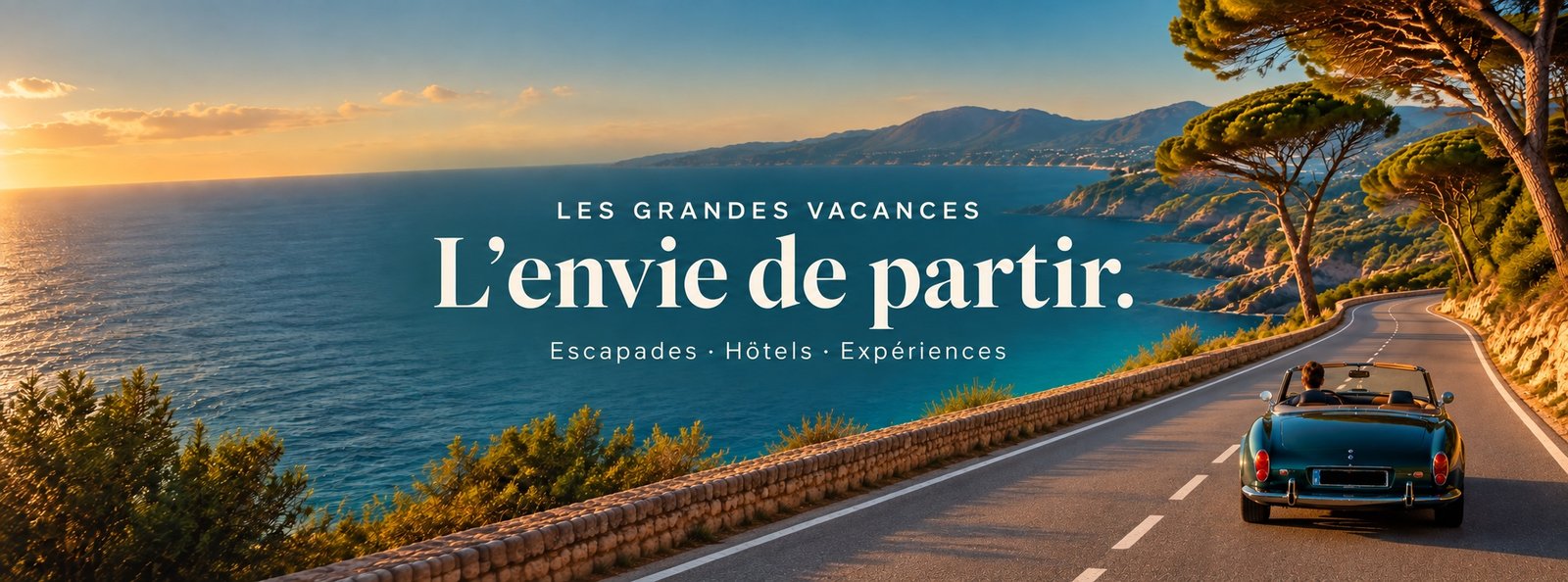 Les Grandes Vacances, l’envie de partir. Illustration IA, un cabriolet roule à droite sur une route méditerranéenne imaginaire à deux voies, avec ligne blanche discontinue.